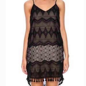 Eight Sixty Slip Dress with Embroidery Lace Overlay Black Nude Tassel Hem SZ M